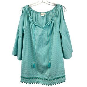Rafaella Weekend 3/4 Sleeve Cold Shoulder Striped Blouse Womens Large Tassels